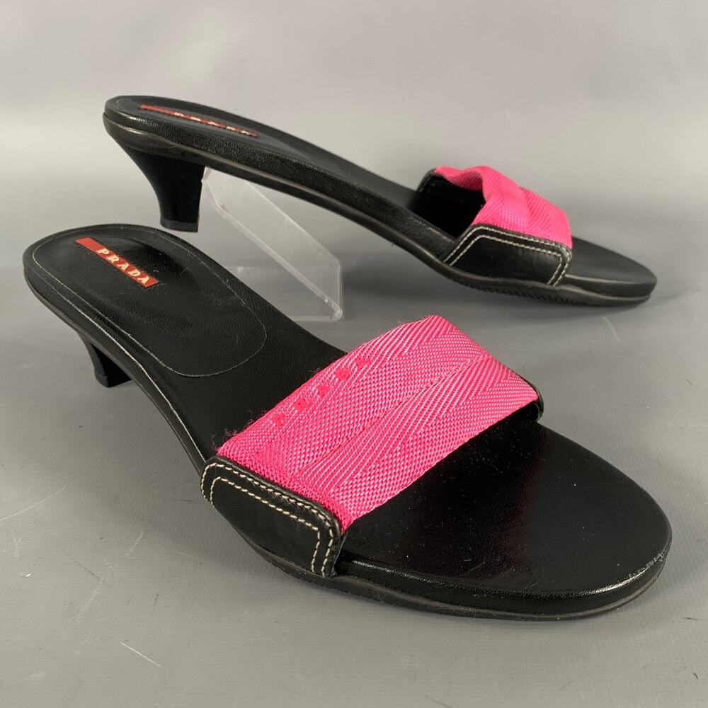 PRADA Size 8 Black Pink Nylon Mixed Materials Leather Trim Slip On Sandals